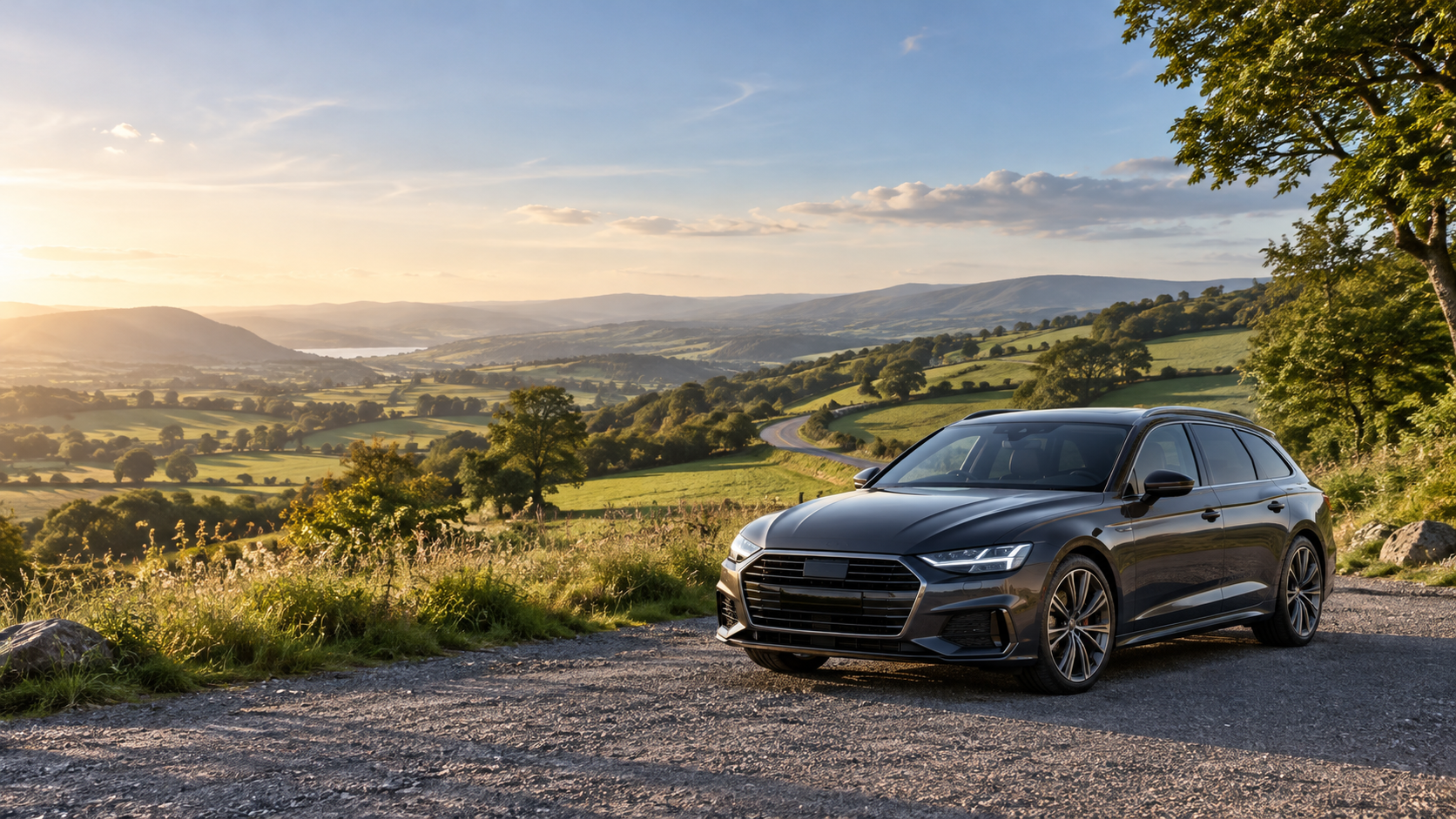 An illustrative car at a peaceful countryside viewpoint, with green hills and a winding road in the golden afternoon light